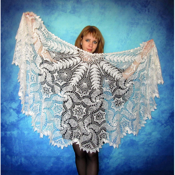 White crochet Russian shawl, Hand knit Orenburg shawl, Wool shoulder wrap, Goat down stole, Warm bridal cape, Openwork cover up, Kerchief, Gift for a woman.JPG