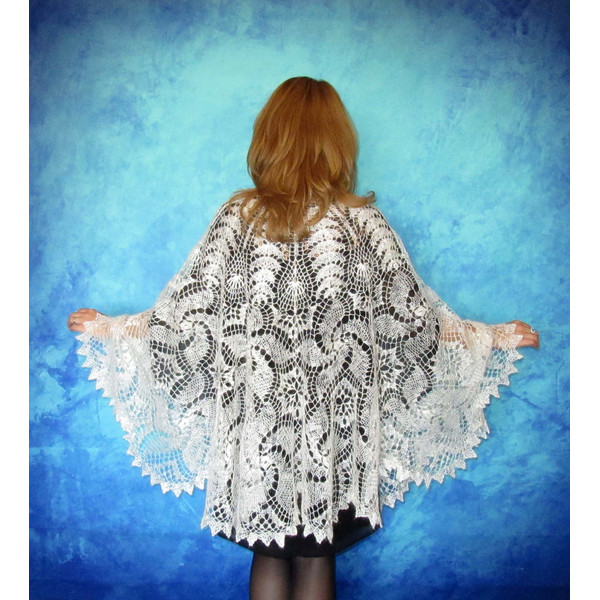 White crochet Russian shawl, Hand knit Orenburg shawl, Wool shoulder wrap, Goat down stole, Warm bridal cape, Openwork cover up, Kerchief, Gift for a woman 3.JP