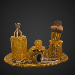 vanity tray set with soap pump dispenser tooth brush holder makeup brush holder cotton ball canister matching tray