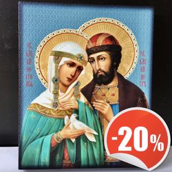Saint Peter and Fevronia | High quality icon on wood | Size:  6,5" x 5,1" | Made in Russia