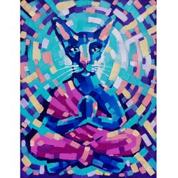 Buddha Painting Cat Original Art Meditation Artwork Kids Room Wall Art OIl Canvas 16 by 20 inches ARTbyAnnaSt