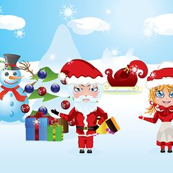 Cute cartoon Santa and Mrs Claus in red Christmas suits