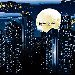 Christmas background with Santa Claus silhouette flying to the city