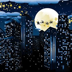 christmas background with santa claus silhouette flying to the city