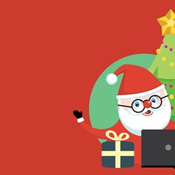 Christmas banner with Christmas tree and cartoon Santa works on a laptop