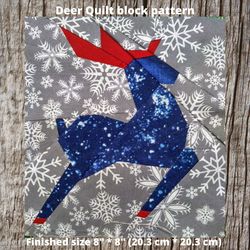 8in Christmas Deer Quilt block PDF pattern in technology Paper Piecing.