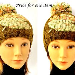 Unisex cap, Knitted handmade hat, Maple leaf ornament, Adult unisex hats, Hand knit pompom beanie, Spring fashion kids