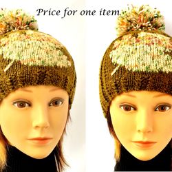 unisex cap, knitted handmade hat, maple leaf ornament, adult unisex hats, hand knit pompom beanie, spring fashion kids