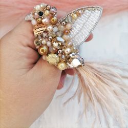 beaded bird brooch, beaded brooch, bird pin, embroidered brooch, handmade brooch, feather brooch, rhinestone brooch