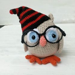 Hand Crochet Owl With Glasses Stuffed Toys Animals Birds Knit Amigurumi Gift