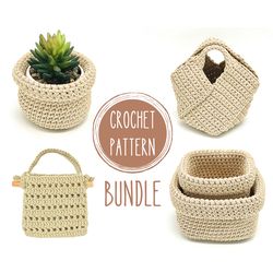 Crochet Basket Pattern Bundle, 4 crochet patterns, srorage basket DIY, farmhouse decor, crochet home decor, boho japandi