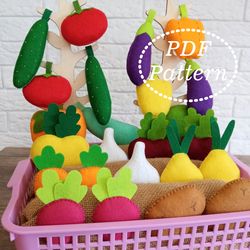 felt garden pdf pattern, vegetable garden play set, pretend play, toy farmer market set