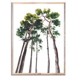 pine tree art print evergreen tree watercolor painting big tree wall art green and brown nature poster