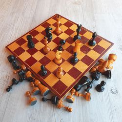 Wooden Soviet chess set middle-sized - 1960s vintage chess set USSR