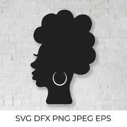 African American woman silhouette with curly afro hair and traditional earring SVG cut file