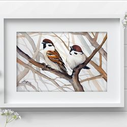 Sparrows 8x11 inch original watercolor bird painting birds art by Anne Gorywine