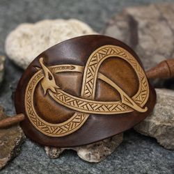 Viking hair barrette with wooden stick. Leather hair clip for women with norse serpent jormungand. Hair stick barrette f