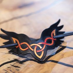 Celtic phoenix hair barrette for women. Celtic hair accessories. Leather hair stick with Firebird.