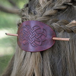 Red brown celtic barrette for women. Celtic knot hair slide with wooden stick. Stick barrette for celtic wedding.