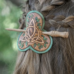 Leather celtic barrette. Hair slide with clover and triskelion. Stick barrette for celtic wedding, druid costustume