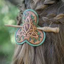 leather celtic barrette. hair slide with clover and triskelion. stick barrette for celtic wedding, druid costustume