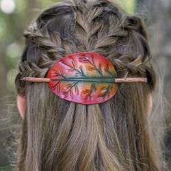 Autumn leather barrette for woodland wedding. Hair Stick for druid cosplay. Fall leaves jewerly for forest wedding dress