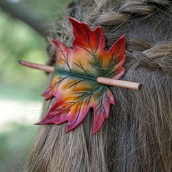 Maple leaf hair slide for women. Leather barrette with wooden stick  for autumn wedding. Hair stick barrette.