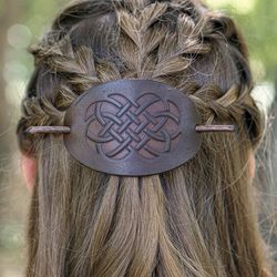Celtic hair slide. Leather barrette with celtic knot. Stick barrette for druid, elven costume. Celtic hair  jewelry.