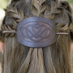 leather hair slide with celtic knot. celtic barrette. medieval barrette