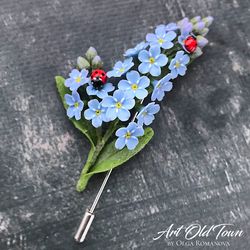 Forget me not brooch with miraculous ladybug Light blue flower pin Realistic flowers jewelry