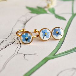 Flowers jewelry set Ring and stud earrings with pressed forget-me-not