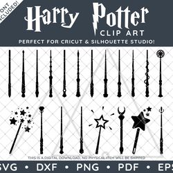 Harry Potter Clip Art PDF EPS SVG DXF PNG - Magic Wands Bundle Plus FREE Logo and Font!