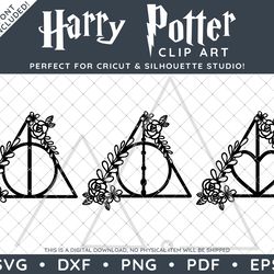 Harry Potter Clip Art Design SVG DXF PNG PDF - THREE Floral Deathly Hallows Decal Designs & FREE Font!