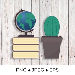 globe on a stack of books and cactus sublimation design