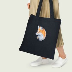 Black shopping bag with fox embroidery. Fashionable shopping bag. Fabric bag. Buy women's bags. Beautiful shopping bag