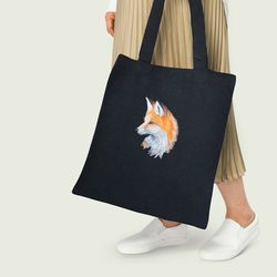 black shopping bag with fox embroidery. fashionable shopping bag. fabric bag. buy women's bags. beautiful shopping bag