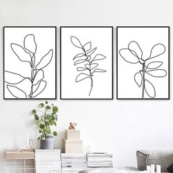 Printable Wall Art Plant Line Drawing Minimal Line Art Set of 3 Prints Leaf Poster Plants Print Botanical Art Triptych