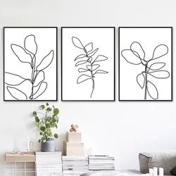 printable wall art plant line drawing minimal line art set of 3 prints leaf poster plants print botanical art triptych
