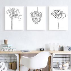 flower line print digital prints botanical art floral line drawing set of 3 wall art triptych kitchen decor flowers art