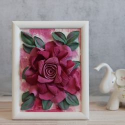 White framed rose, decorative plaster flower, sculpture painting, handmade modern home decor.