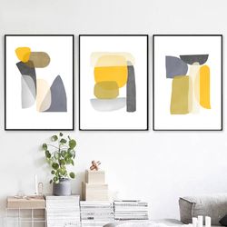 Abstract Printable Yellow Gray Wall Art Abstract Geometric Set Of 3 Poster Modern Large Art 3 Piece Prints Triptych