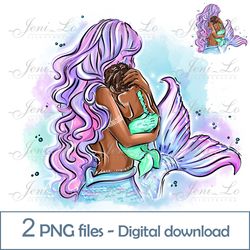 Black Mermaid and Child 2 PNG file Mom Mermaid Clipart Baby Mermaid Sublimation Rainbow design Princess Digital Download