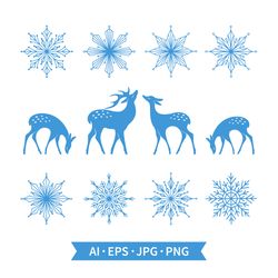Deers and Snowflakes. Clipart, digital download.