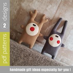 Christmas toys sewing patterns PDF Deer and Rabbit, stuffed animals diy, set of 2 tutorials in English