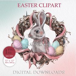 Easter bunny with a wreath of willow. Easter clipart PNG. Digital download.