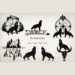 Wolf, Mystical wolf SVG, Wolf silhouette, Moon and Wolf SVG, boho Moon, commercial use