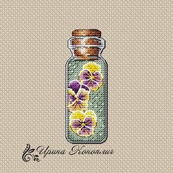cross stitch pattern pansies, bottle cross stitch pattern, flowers cross stitch pattern, cute cross stitch pattern