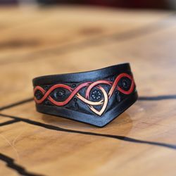 celtic leather wristband with triskel and trinity knot, celtic bracelet with phoenix design, celtic jewerly for ladies.
