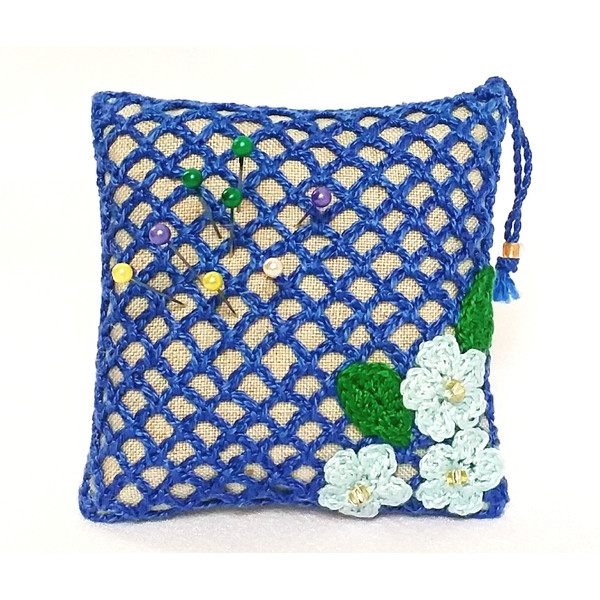Linen pincushion with crochet flowers Decorative mini pillow Handmade pin cushions Gifts for quilters Sewing accessory.jpg