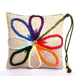 Rainbow Crochet Flower, Handmade Linen Pincushion, Needles Storage, LGBT Gift, Decorative Mini Pillows, Gift for Quilter